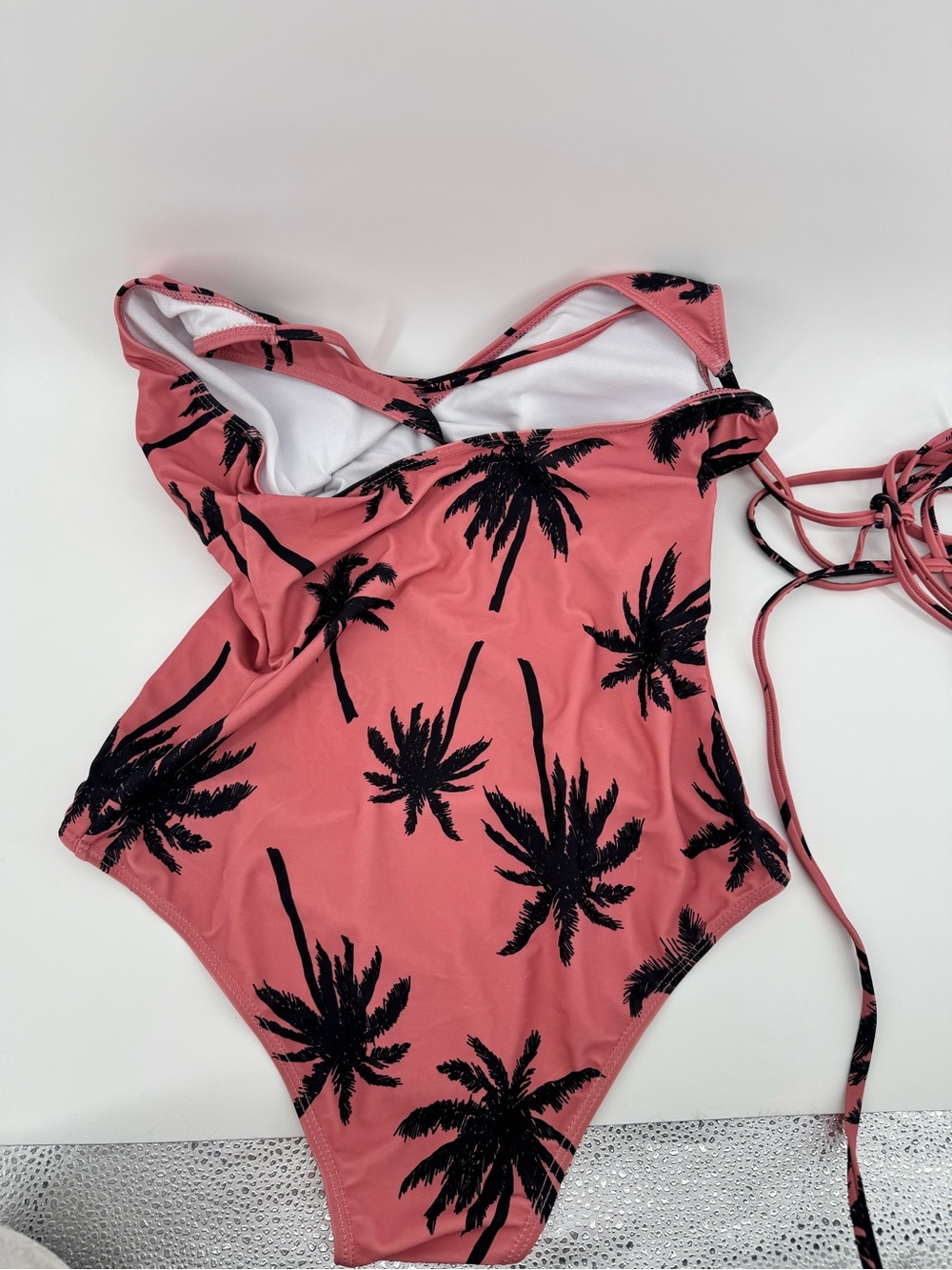 PatPat women’s coral Pink One-Piece Swimsuit Black Palm Print size Large NWT - Picture 2 of 7